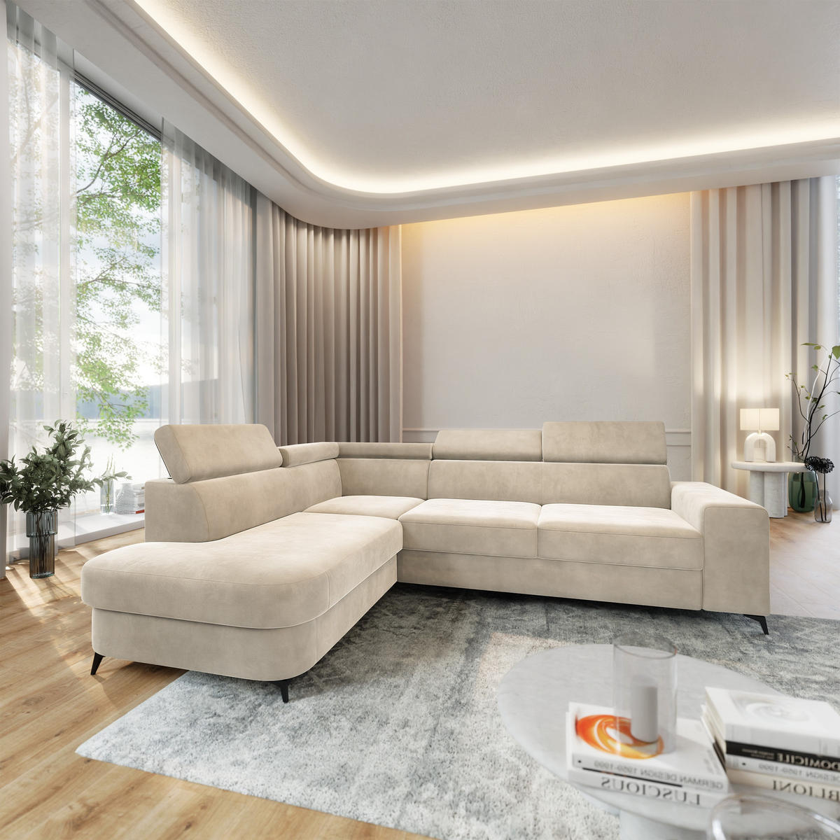 ECKSOFA ALVORO L-S Creme Velours-Stoff mit Schlaffunktion - Creme, Holz (253/190cm) - MASSENO