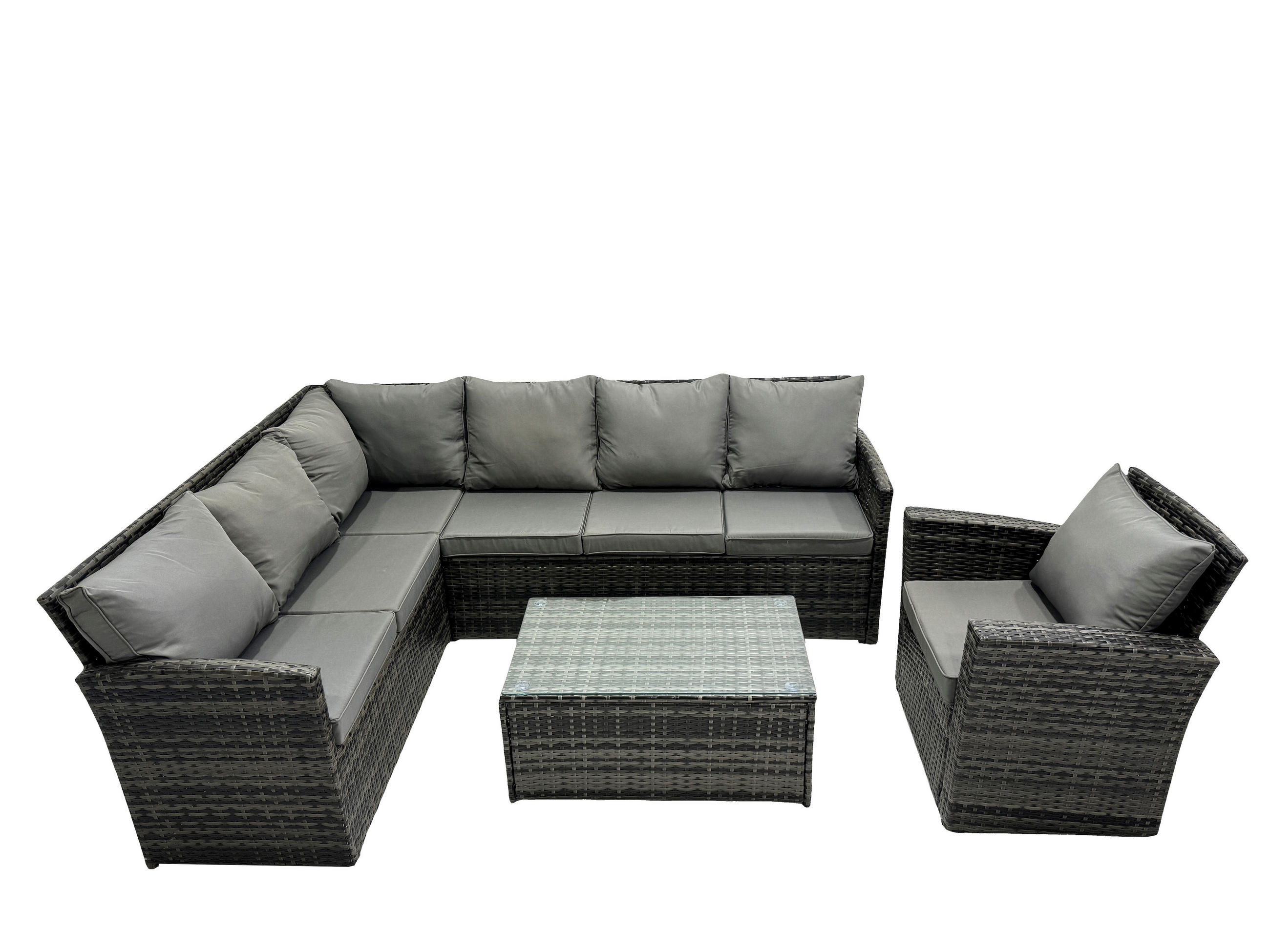 GARTENSET mit Couchtisch Polyrattan Dunkelgrau 7-Sitzer - Dunkelgrau/Grau, Glas/Kunststoff - Fimous