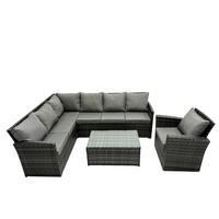 GARTENSET mit Couchtisch Polyrattan Dunkelgrau 7-Sitzer - Dunkelgrau/Grau, Glas/Kunststoff - Fimous