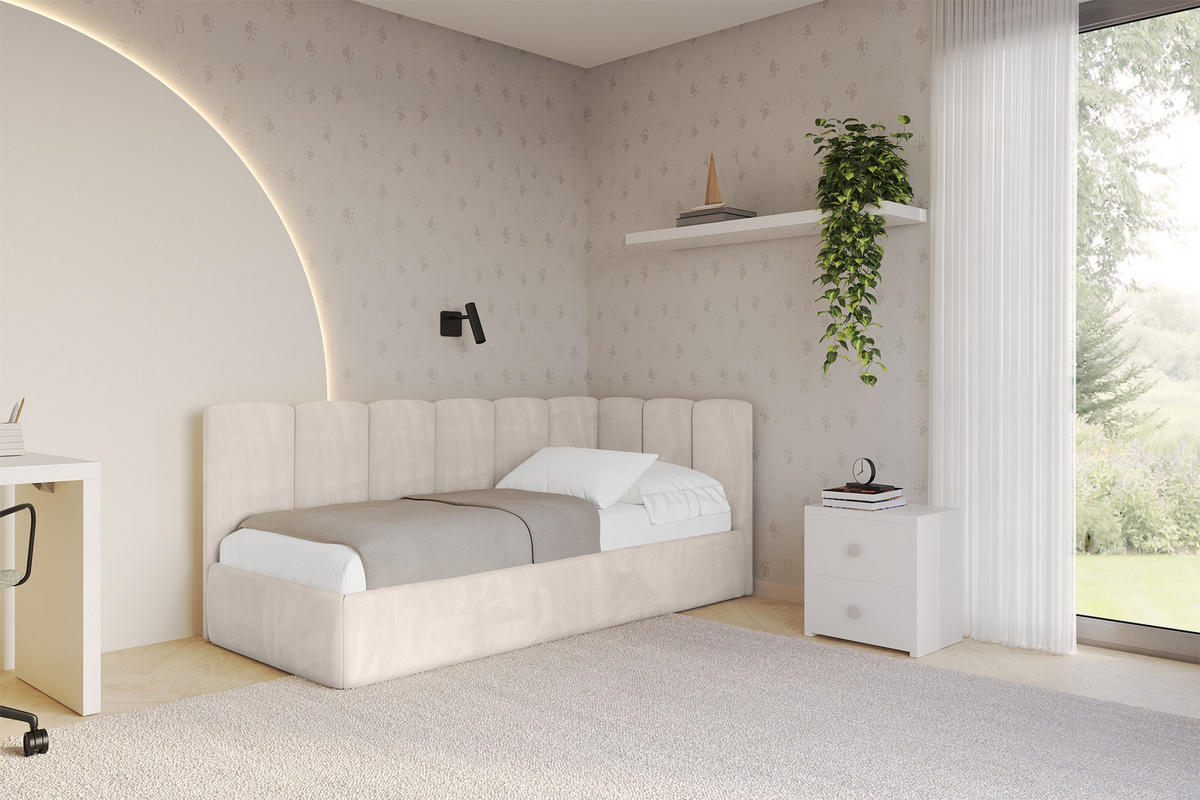 EINZELLBETT Jugendbett mit Bettkasten, Links - DEXY 90x200 Beige - Ecru, Holzwerkstoff/Textil (90/200cm) - ALTDECOR