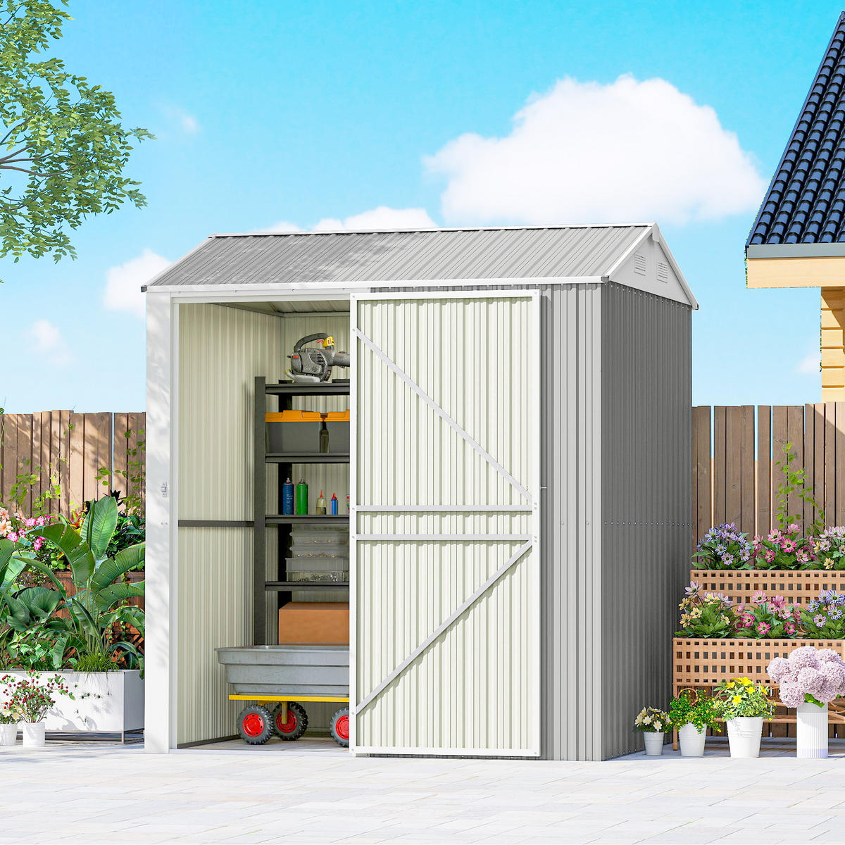 GARTENHAUS aus Stahl, 3, 51 m² hoch, mit Belüftung und abschließbarer Tür,209 x 177 x 236 cm, silber - Grau, Metall (177/236/209cm) - Vallsero