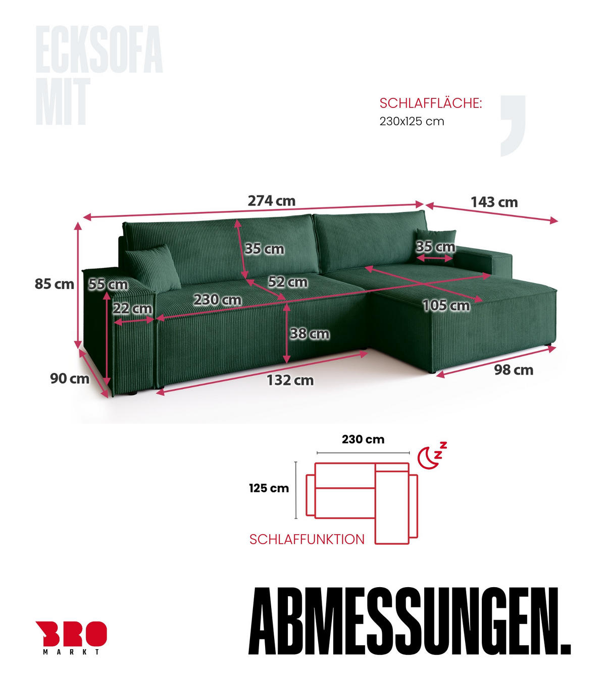 ECKSOFA ADI XL mit Schlaffunktion Dunkelgrün Cord - Dunkelgrün, Textil (272/143cm) - Bromarkt
