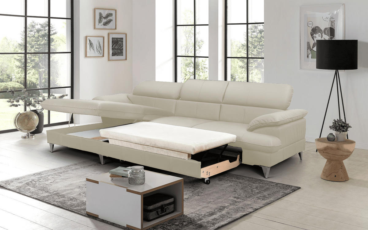 ECKSOFA mit Schlaffunktion und Bettkasten, Echtleder - Chromfarben/Beige, Leder/Holz (254/167cm) - Cotta