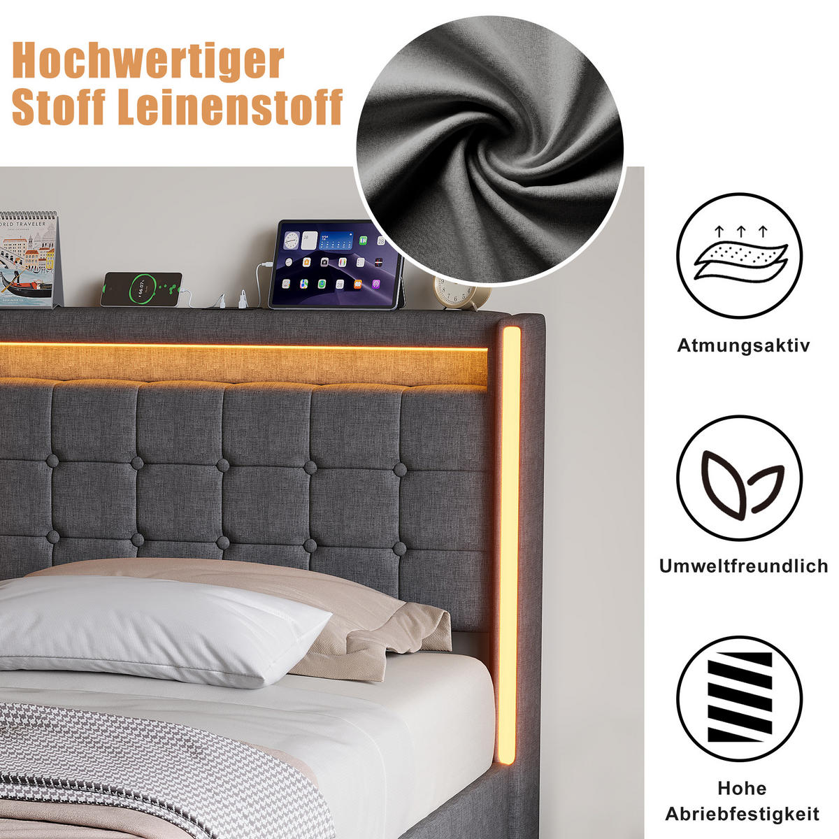 POLSTERBETT 90x200 cm Grau mit LED, Stauraum, USB-C & hydraulischem Lattenrost - Grau, Holz (90/200cm)