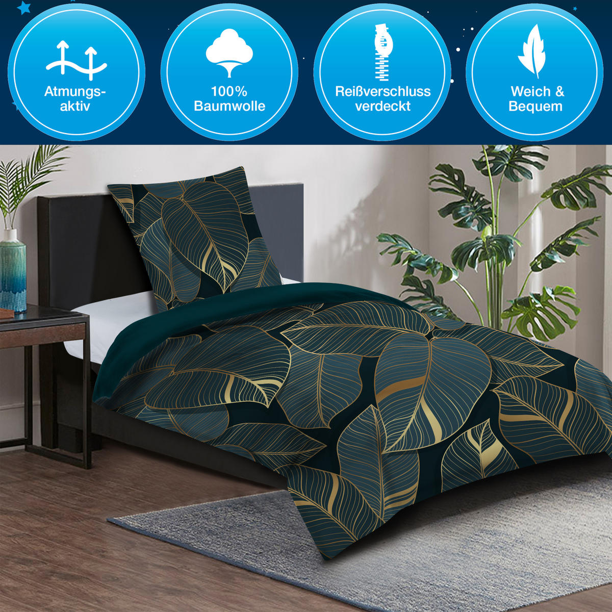 BETTWÄSCHE 2-teilig Monstera - Dunkelgrün, Naturmaterialien (135/200cm) - Sanilo