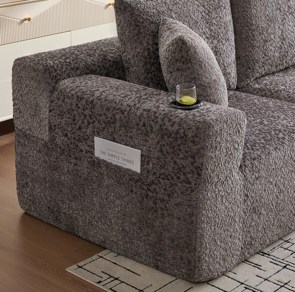 ECKSOFA 261/165/80,5 cm mit Getränkehaltern, tiefer Sitzfläche und Chenille-Bezug, Dunkelgrau - Dunkelgrau, Textil (261/165cm) - Redom