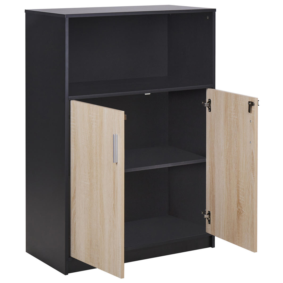 AKTENSCHRANK heller Holzfarbton/schwarz 117 cm 2 Türen offenes Ablagefach Zehna - Hellbraun/Schwarz, Holzwerkstoff (80/117/40cm) - Beliani