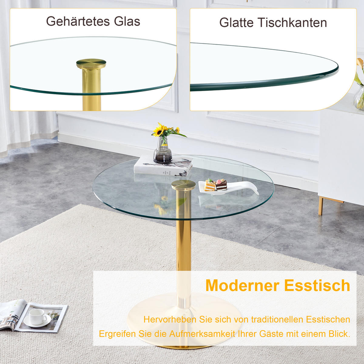 BARTISCH 85/85/76 cm mit Glasplatte und Metallgestell in Gold - Goldfarben, Holzwerkstoff (85/85/76cm) - BEAOK