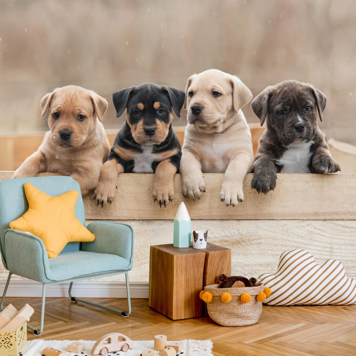 FOTOTAPETE für Kinderzimmer Süße Hunde Tiere 350x256 - Beige/Schwarz, Papier (350/256cm) - Muralo