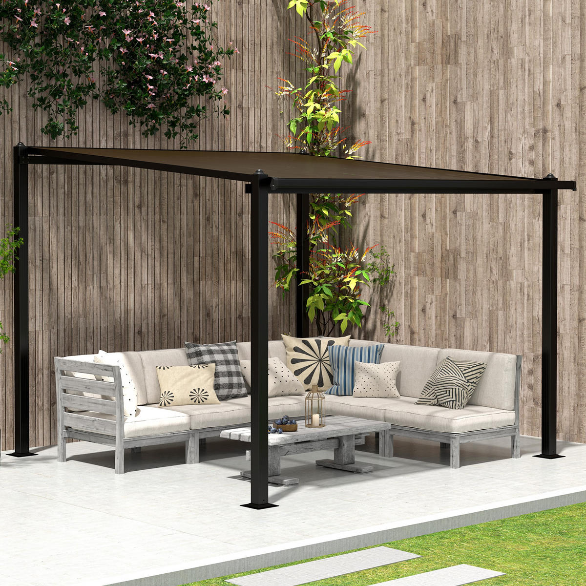 PERGOLA DE-12657 300/300 cm mit Polycarbonatdach und Drainage Grau - Dunkelgrau, Metall (295/230/292cm) - ComfortXL