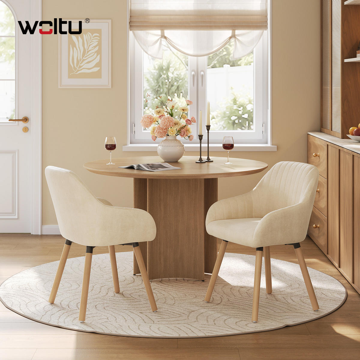 ESSZIMMERSTUHL 2er-Set, Samt, Massivholz, Creme - Creme/Naturfarben, Holz/Textil (52/81.5/51.5cm) - Woltu