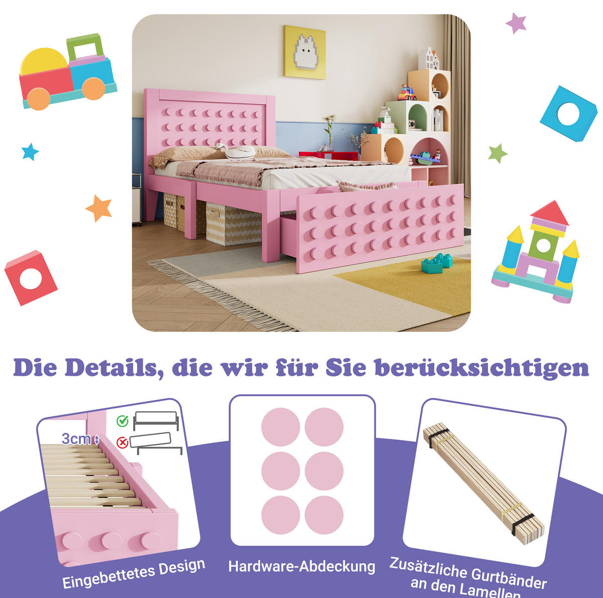 KINDERBETT 90/200 cm Rosa aus Holz mit Schublade und Lattenrost - Rosa, Holz (90/200cm) - Flora Grace
