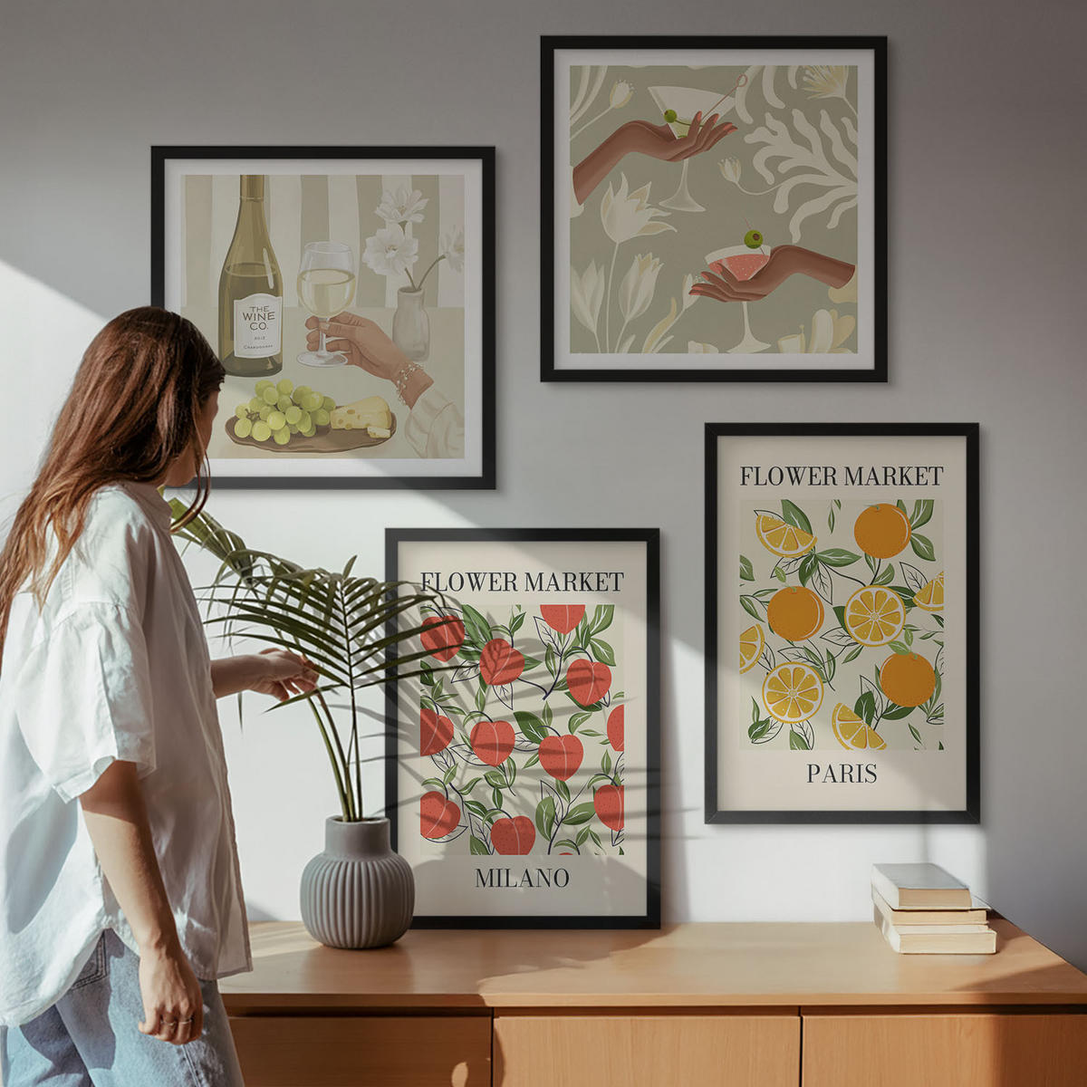 WANDBILDER 4er-Set - 50x50 cm & 40x60 cm Schwarzer Rahmen - Blumenwein Mailand Paris - Schwarz, Kunststoff (50/50cm) - ArtPrintCave