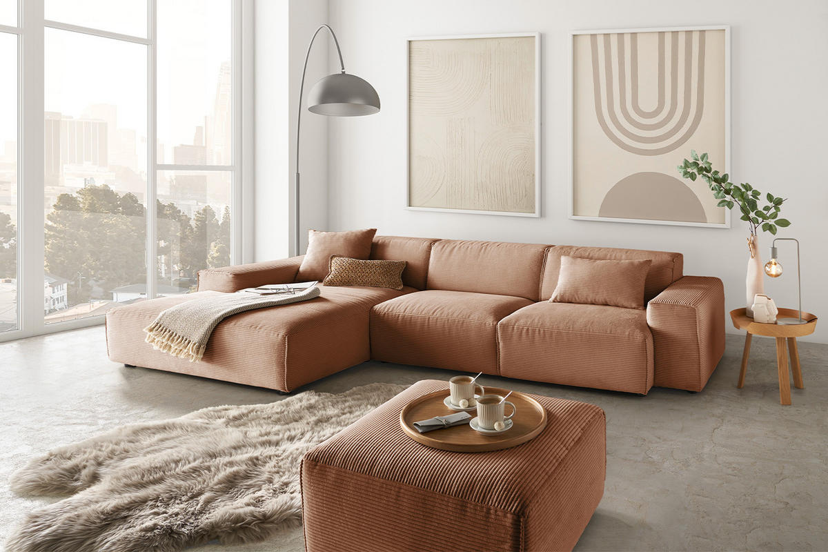 ECKSOFA RANI Braun Cord - Dunkelbraun/Schwarz, Kunststoff/Textil (299/189cm) - KAWOLA