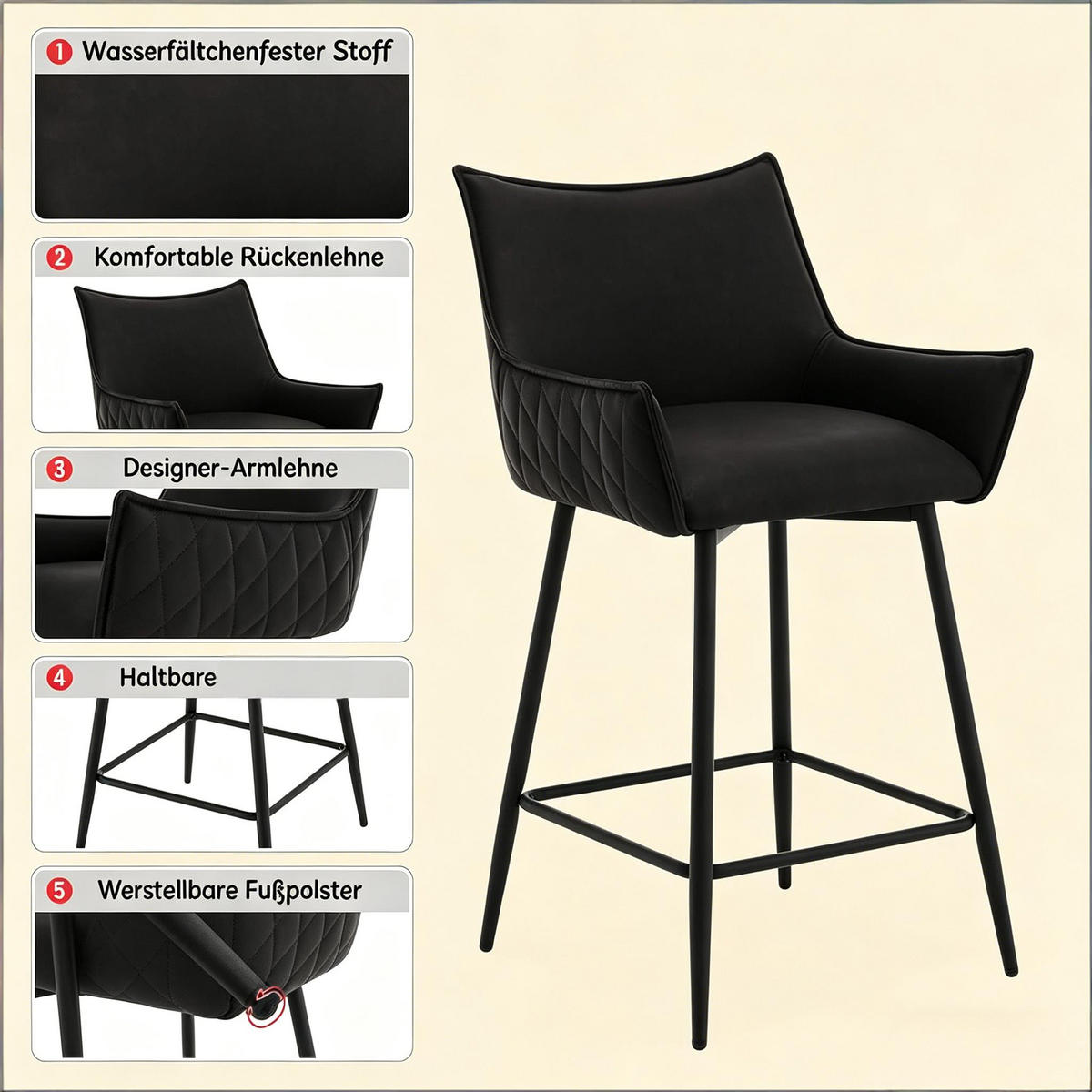 BARHOCKER 2er-Set Anthrazit mit Armlehnen und Rückenlehne - Anthrazit, Metall (51/90/49cm) - PANGIVO