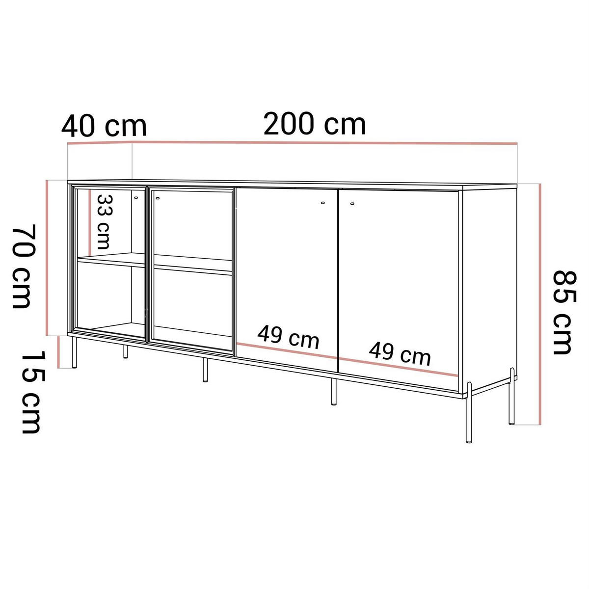 KOMMODE ISA 4D, viertürig mit LED-Beleuchtung auf hohen Beinen. - Eichefarben, Holzwerkstoff (200/85/40cm) - Lookway