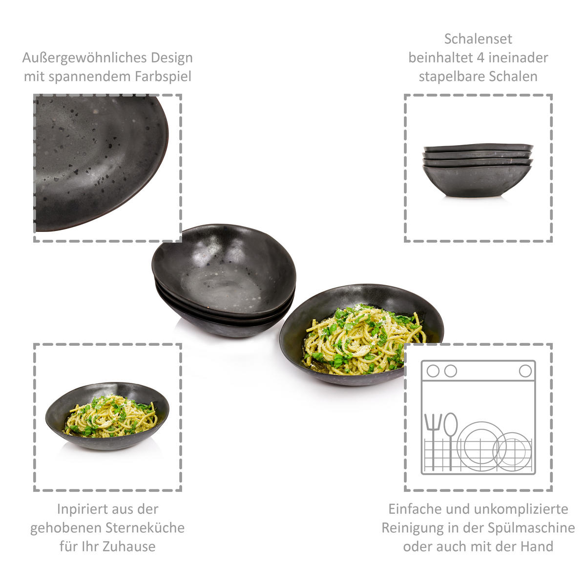 PASTATELLER SET TOMBEY - 4 teilig aus Steingut - Dunkelgrau, Keramik (24.2cm) - Sänger