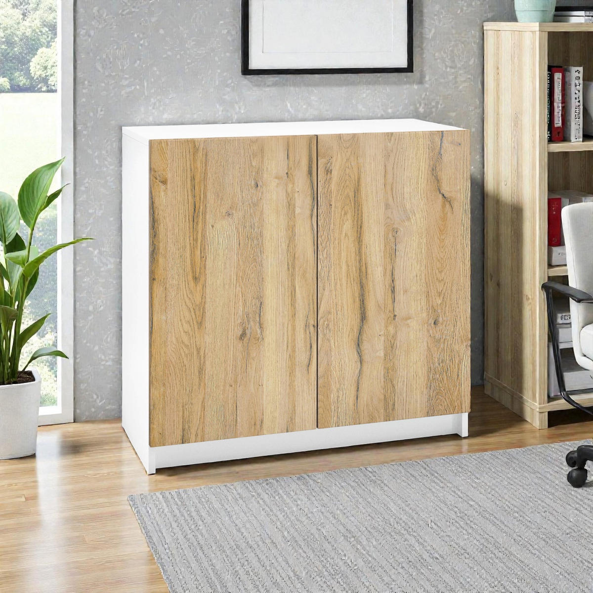 KOMMODE Elona, Büroschrank mit Soft-Close & Push-to-Open, Aktenschrank, Home Office & Büro, Weiß/Eiche Natur (82 x 78 x 37 cm) - Eiche Wotan, Holzwerkstoff (82/78/37cm) - InnoFurn