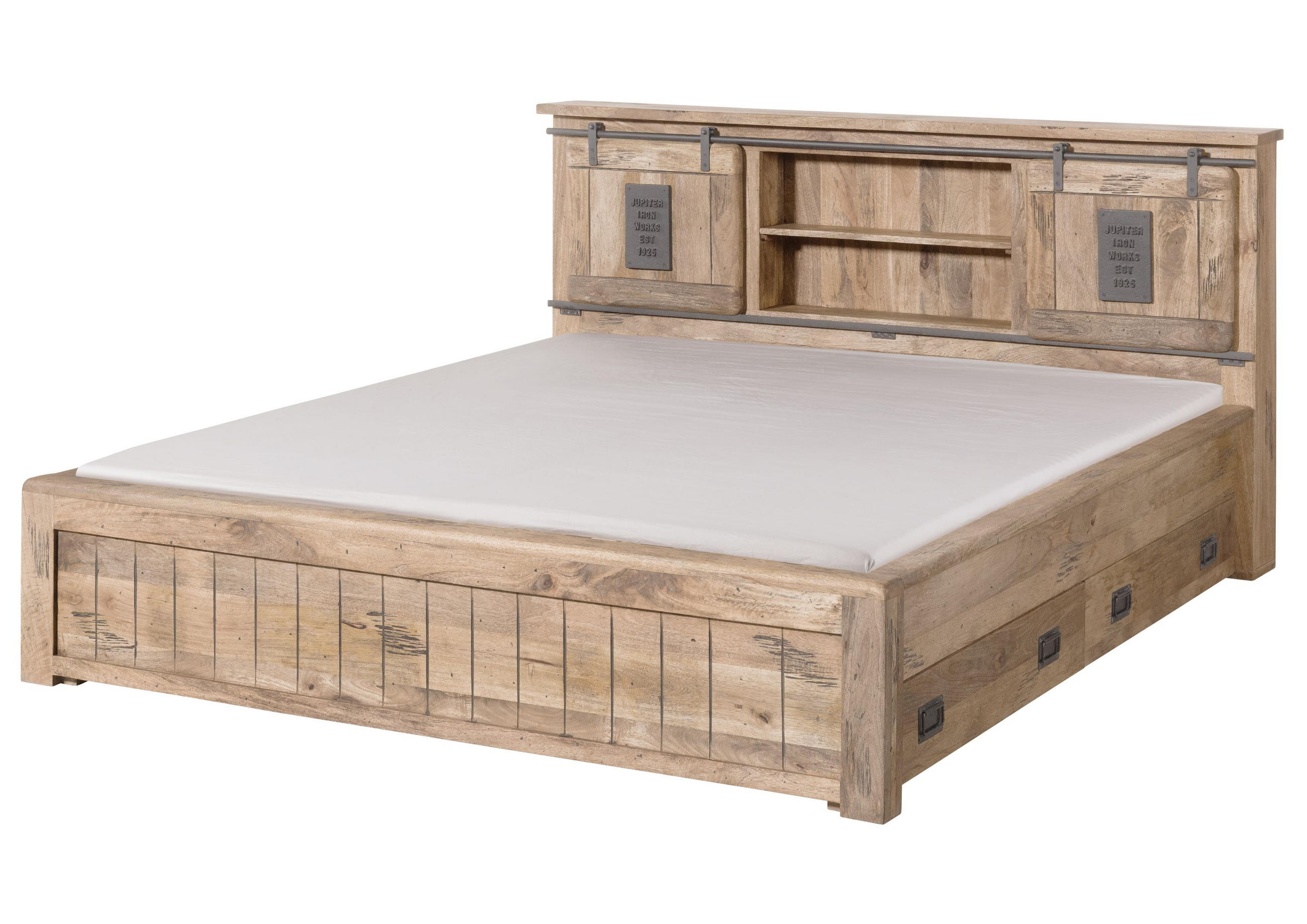 HOLZBETT mit Schublade Mango 200x200 beige lackiert RAILWAY #373 - Beige, Holz (200/200cm) - Massivmoebel24