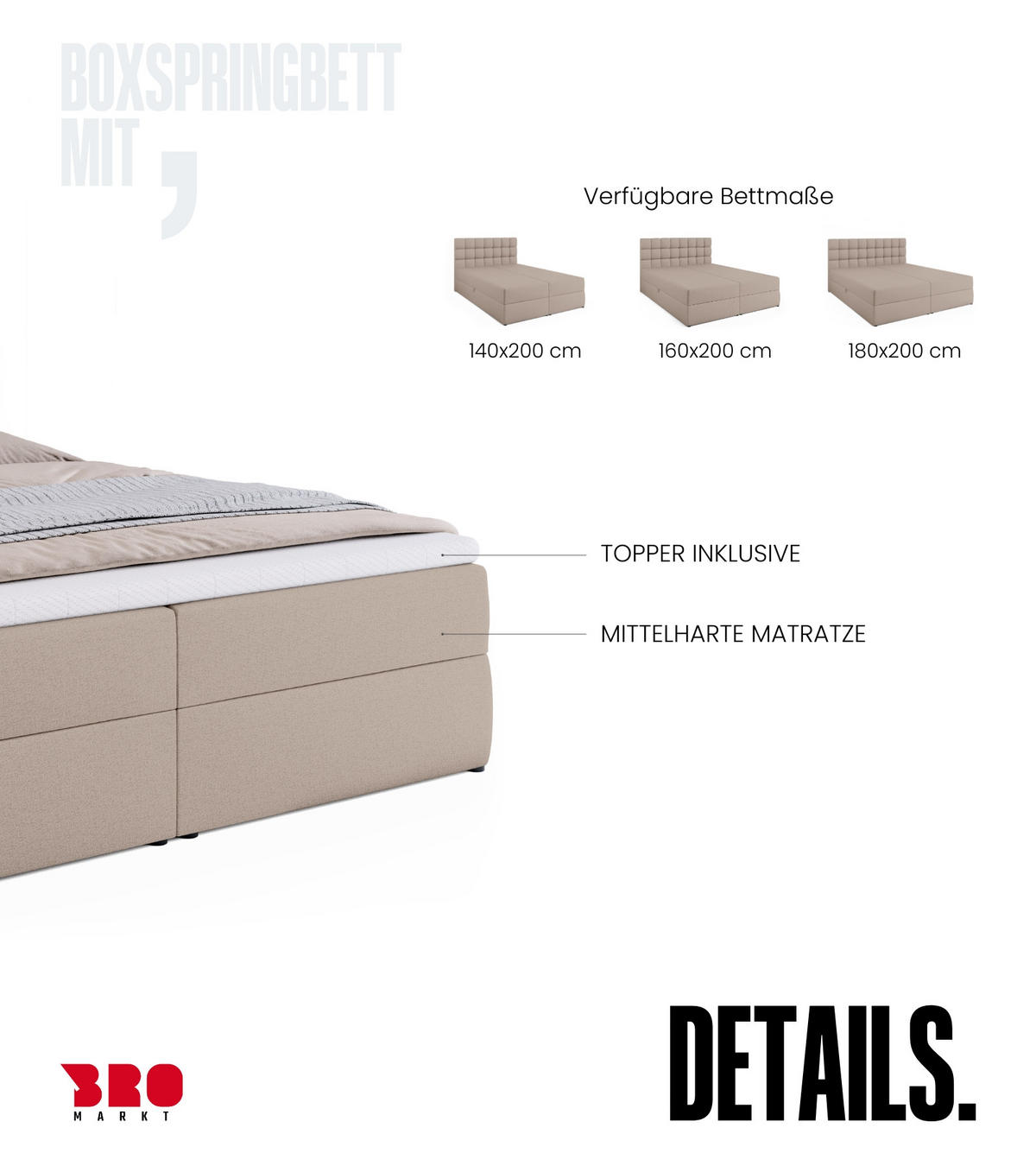 BOXBETT Dakota mit Topper 180/200 Beige - Beige, Textil (180/200cm) - Bromarkt