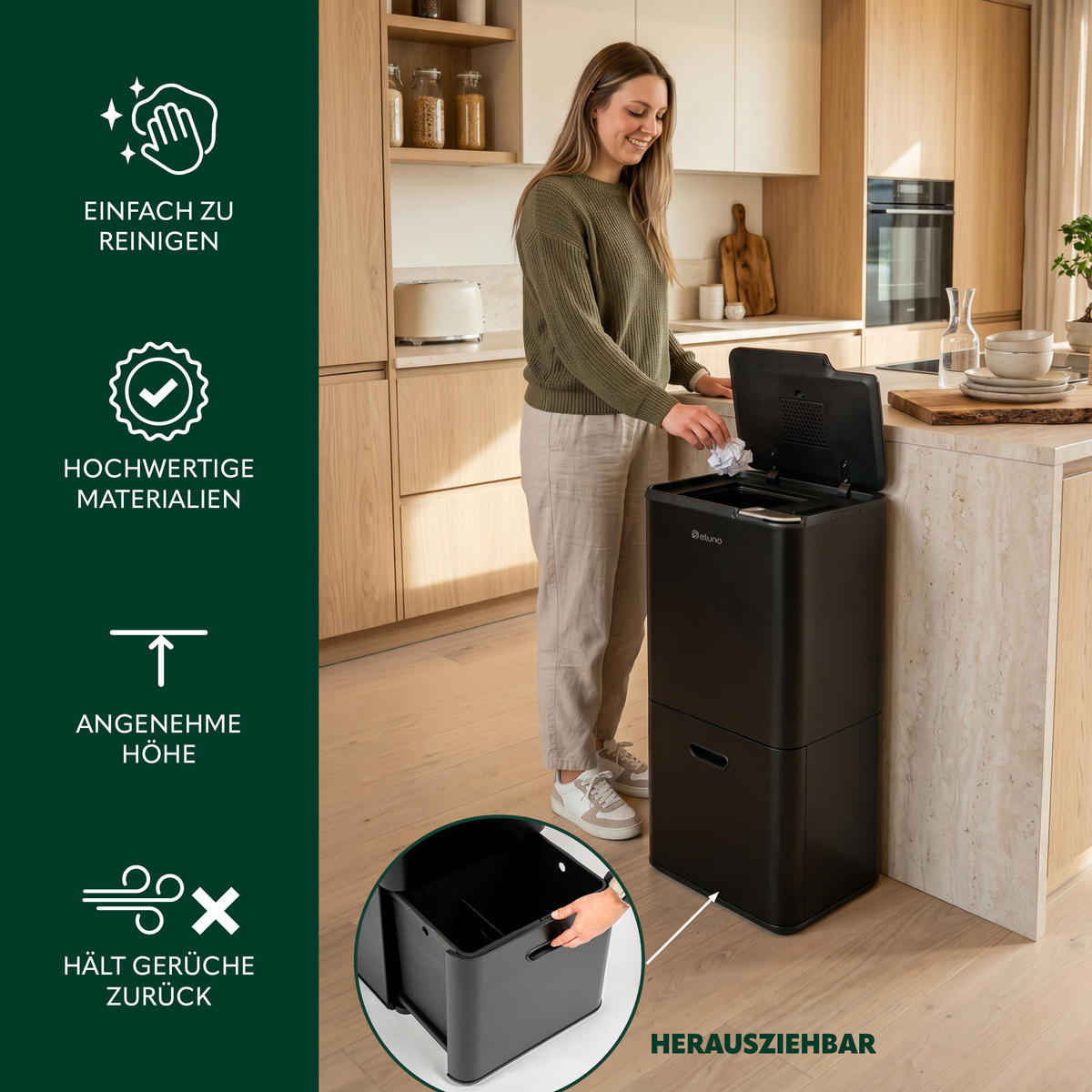 ABFALLEIMER, 58 Liter, aus Metall, schwarz - Schwarz, Metall (40.5/78/31cm) - eluno