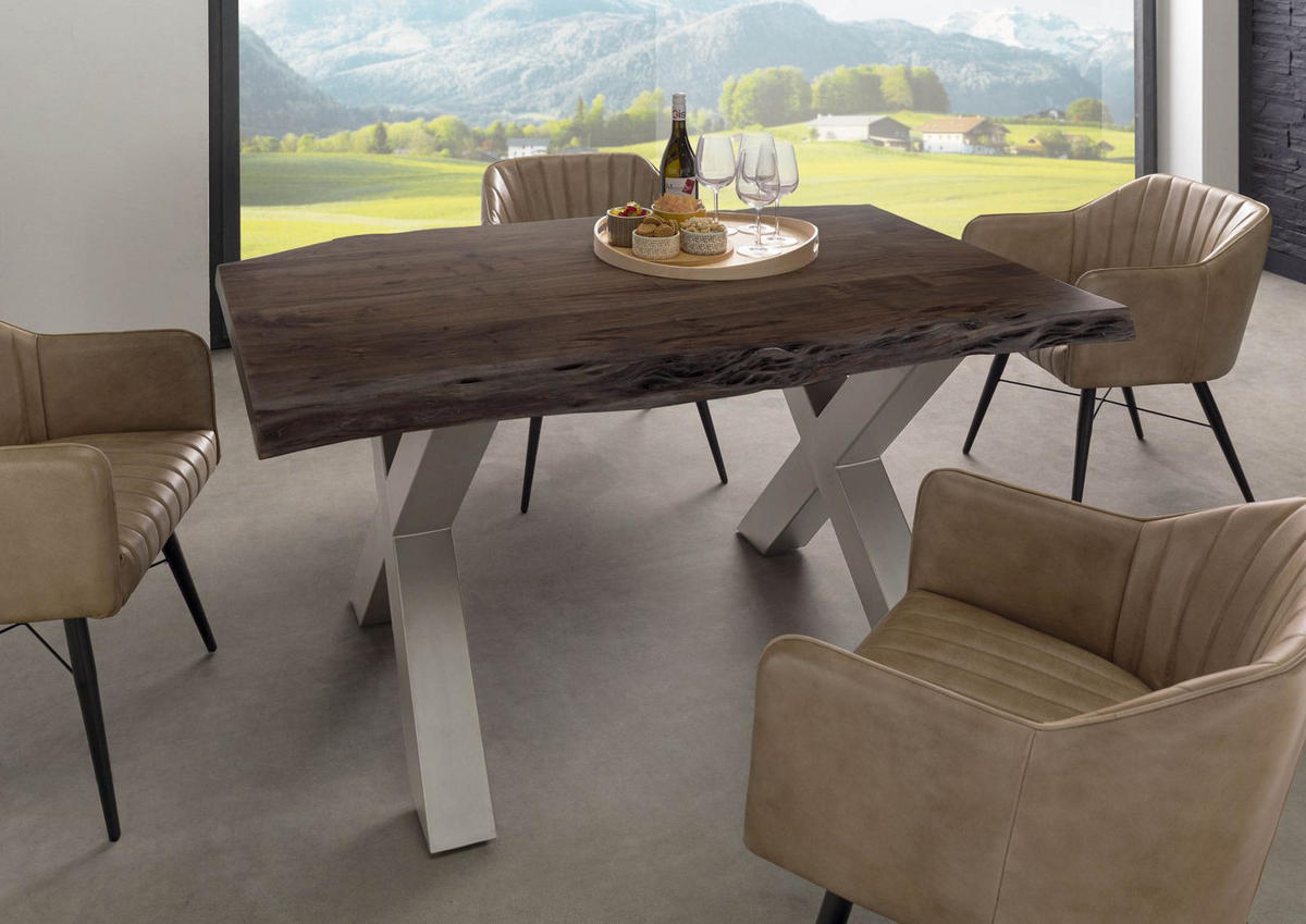 BAUMTISCH Akazie 140x90x77 grau lackiert / X-Beine silber matt FREEFORM 5 - Silberfarben/Braun, Holz (140/90/77cm) - Massivmoebel24