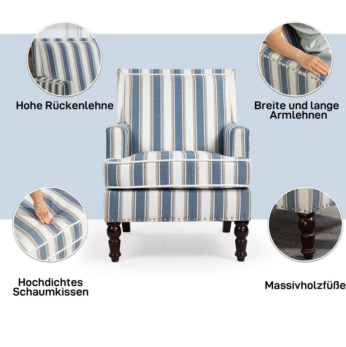 SESSEL in Blau-Weiß gestreift aus Baumwoll-Leinen mit Holzgestell,69/69/89 cm - Blau, Textil (69/89/69cm) - BEAOK