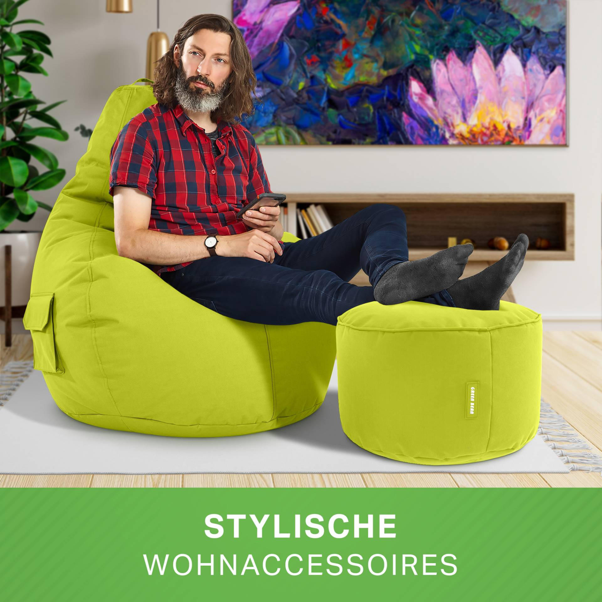 SITZSACK + Hocker "Cozy+Stay" 2er Set - Hellgrün, Textil (70/90/80cm) - Green Bean