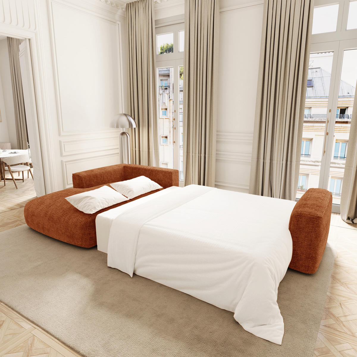 LINKSECK-SCHLAFSOFA mit Stauraum COMO Kettgewebe mit weichem Griff Terrakotta 297cm - Dunkelorange/Terracotta, Textil (297/167cm) - Premium Interiors