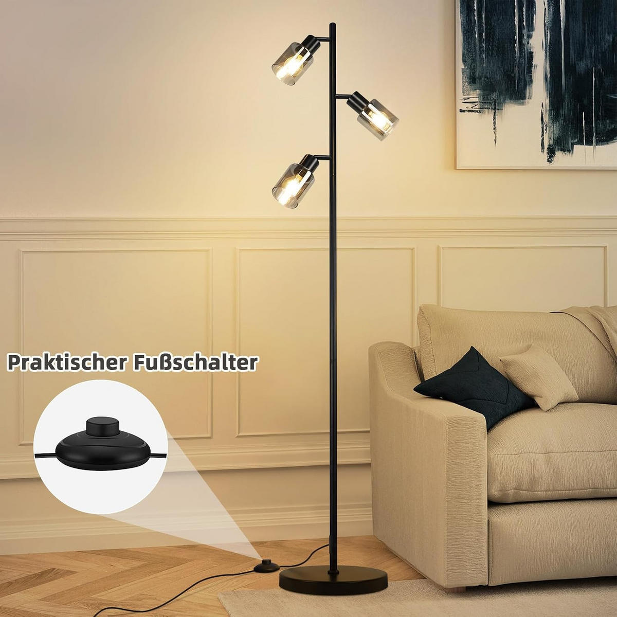 STEHLAMPE Elowen 23/23/138 cm - Schwarz, Glas/Metall (23/23/138cm) - ZMH