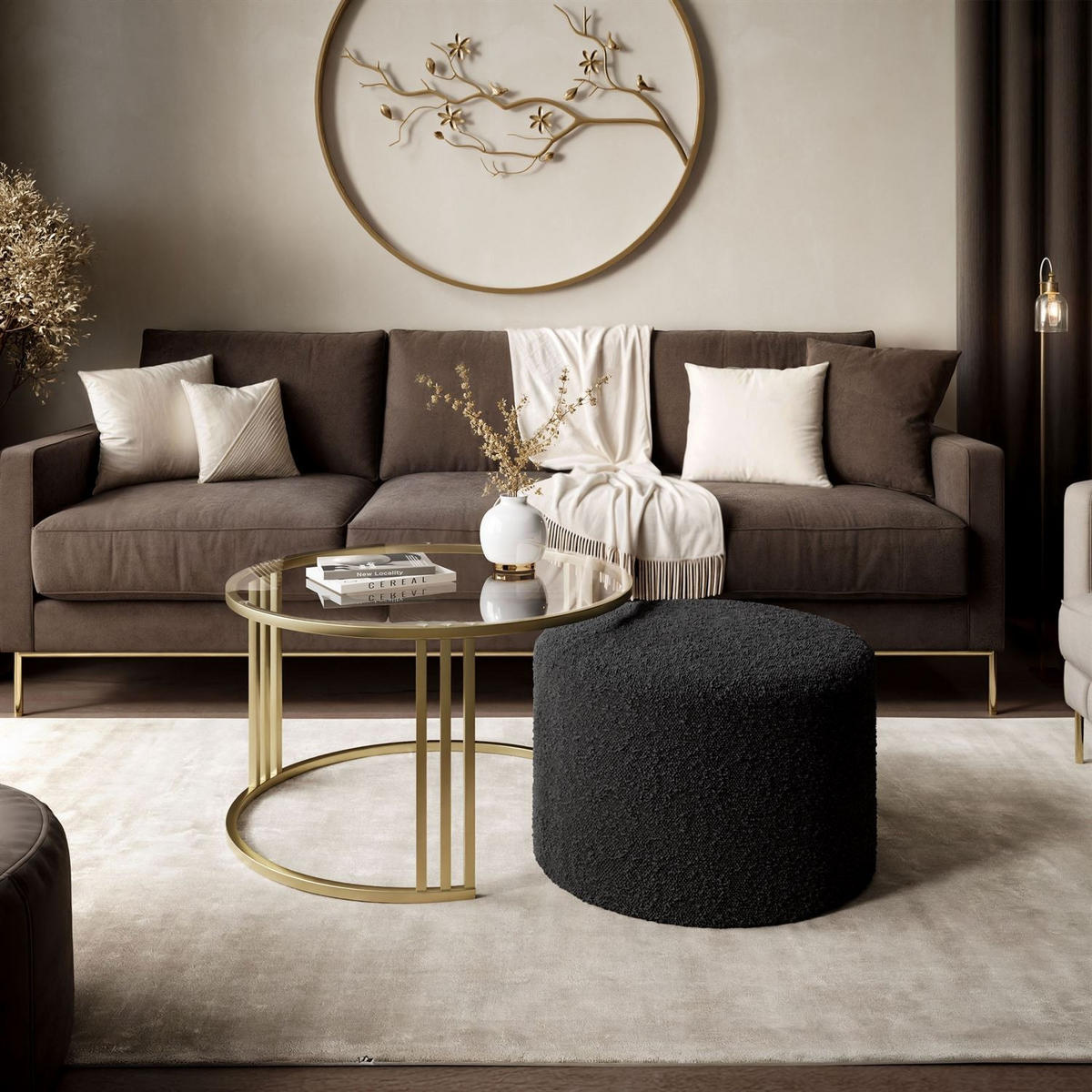 COUCHTISCH mit Hocker LORI GLASS gebürstetes Gold/transparentes Glas/Coral 60 - Transparent, Metall (70/70/49cm) - Lookway