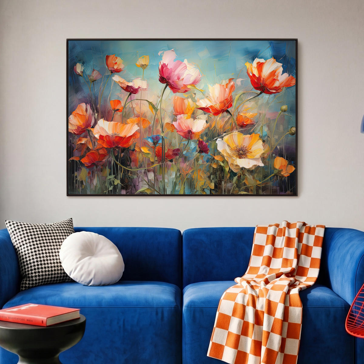 LEINWAND Bilder mit Rahmen - Blumen - Aquarell - Kunst - Botanisch - Natur - 90x60 - Orange, Textil (90/60cm) - MuchoWow