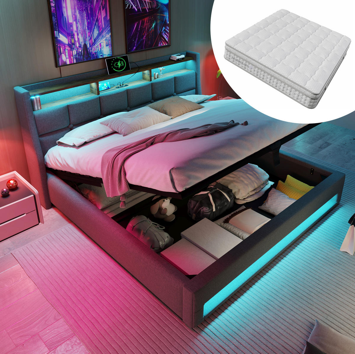 BETT mit USB und LED 140x200 cm Linen Grey 2er-Set - Grau, Metall (140/200cm) - Meubliv