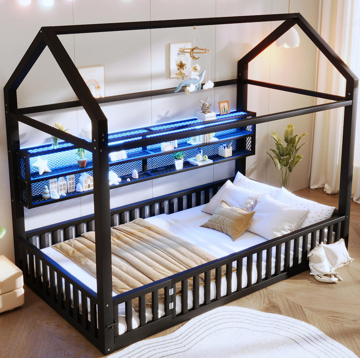 KINDERBETT 90/200 cm in Hausform aus Metall mit Sicherheitszaun und LED - Schwarz, Metall (90/200cm) - BEAOK
