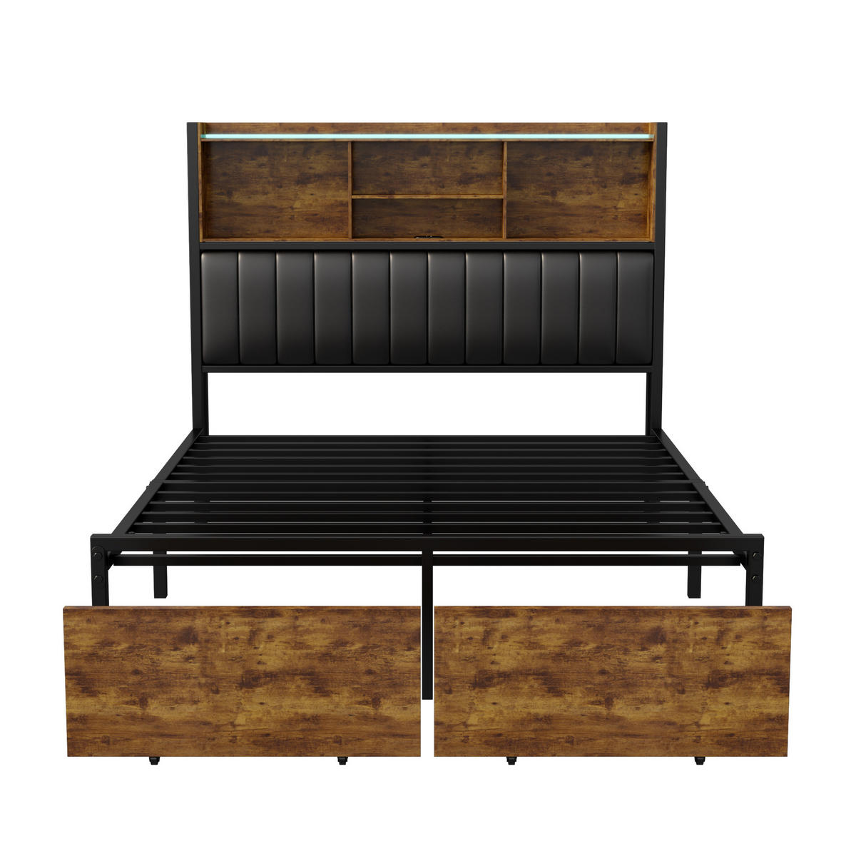 METALLBETT 160x200 cm mit LED, USB & Schubladen, Stauraumbett, Schwarz - Schwarz, Holz (160/200cm)