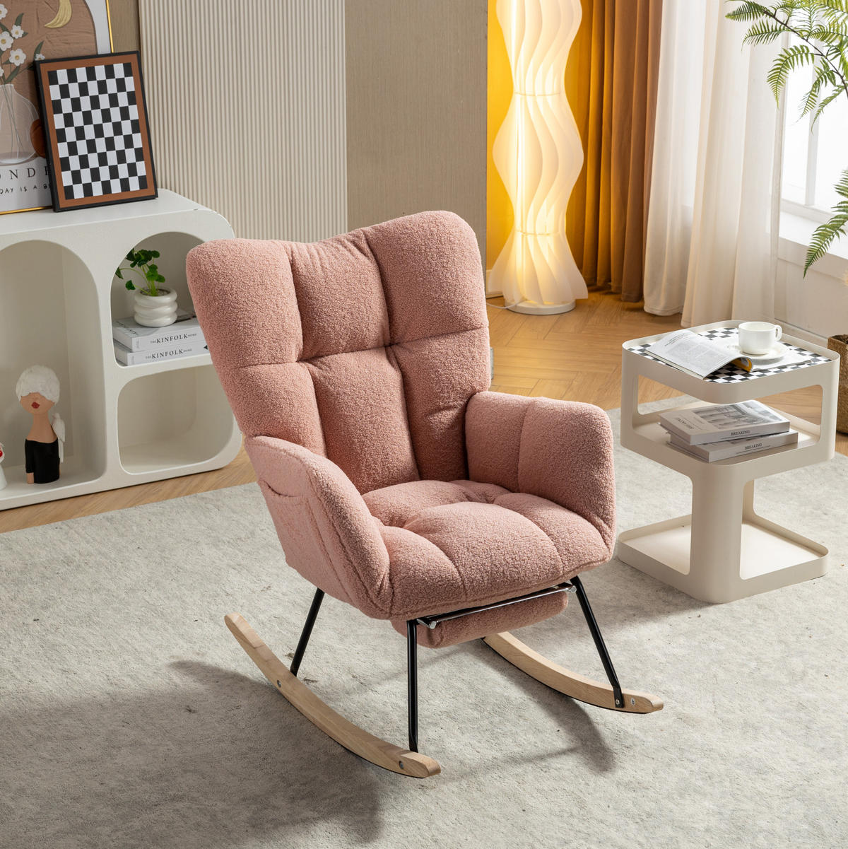 SCHAUKELSTUHL 80/98/98,5 cm rosa aus Lammfell-Optik mit Fußstütze - Rosa, Textil (98/98.5/80cm) - OKWISH