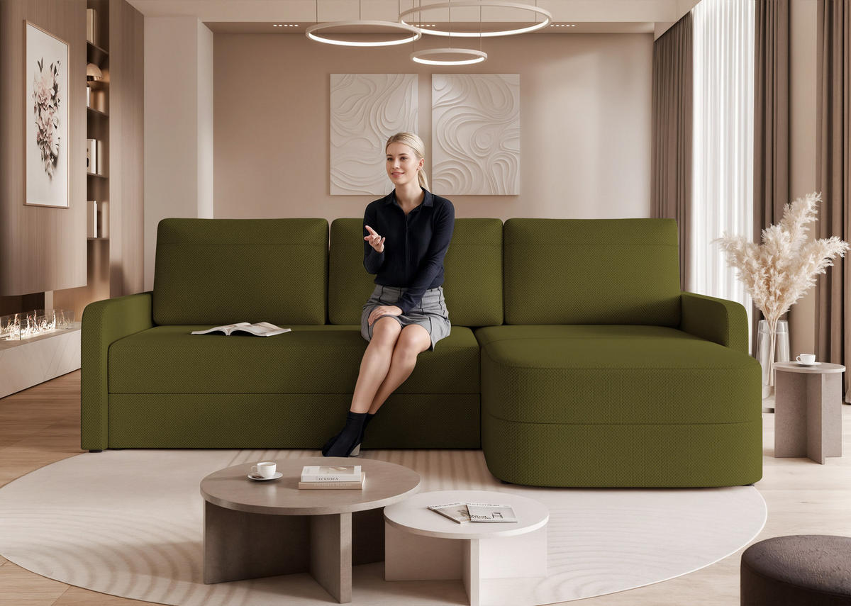 ECKSOFA CERIS mit Schlaffunktion und Bettkasten Olivgrün - Olivgrün, Holzwerkstoff/Kunststoff (250/160cm) - Idohome