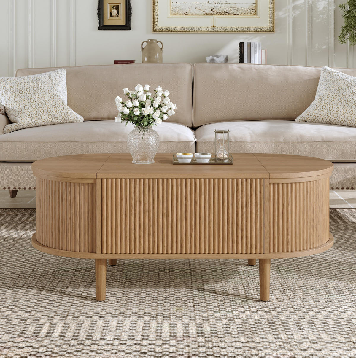 COUCHTISCH 100/48/53,5 cm mit höhenverstellbarer Tischplatte, Stauraum und ovalem Design aus MDF, Eiche - Eichefarben, Holzwerkstoff (100/48/53.5cm) - Modfu