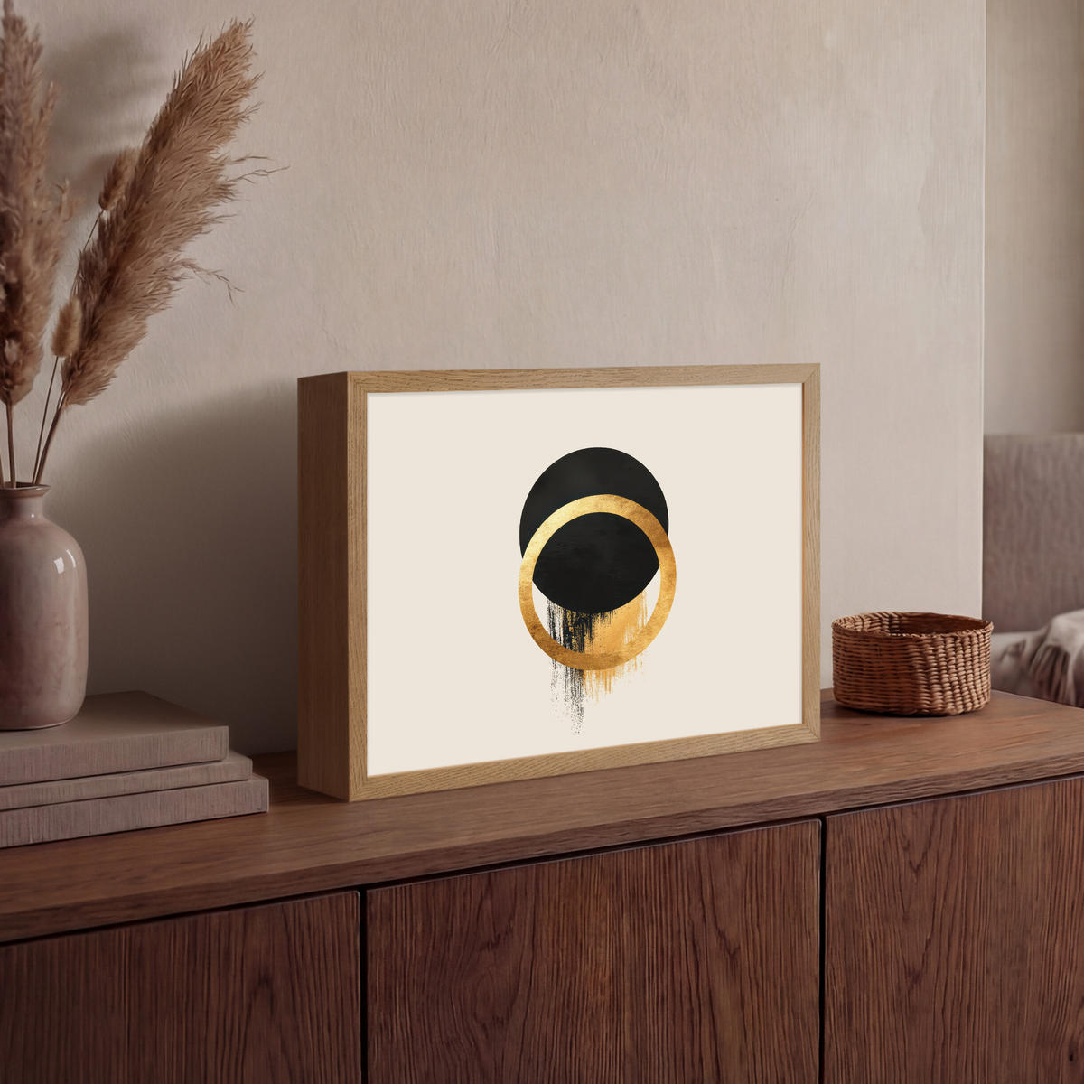 NÁSTĚNNÁ LAMPA S AKUMULÁTOREM Abstraktní design - Černý kruh - Skvrny od barvy 40x30 cm - krémová, kompozitní dřevo (40/30/8cm) - OnlyWow