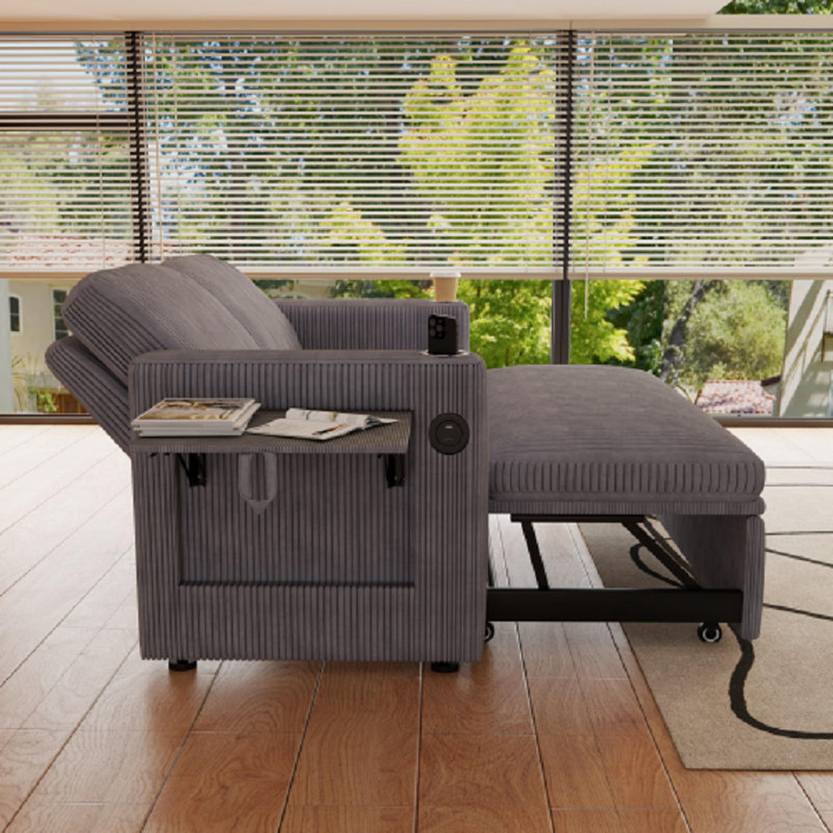 2-SITZER SCHLAFSOFA Cord Grau mit Bettkasten, USB und Type-C - Grau, Textil (145/85.5/132cm) - WISHDOR