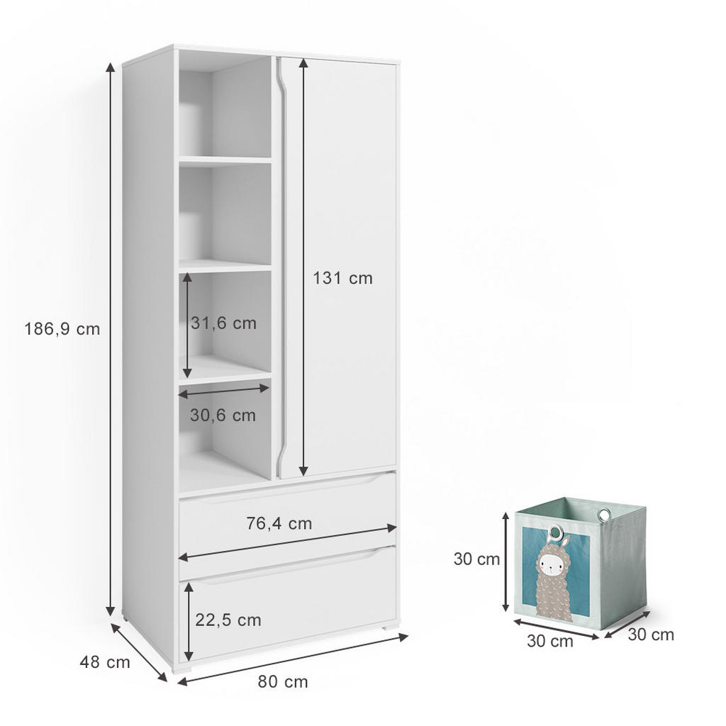 Thumbnail - Vicco Kleiderschrank, Weiß, Weiß, Holzwerkstoff, 9 Fächer, 2 Schubladen, Rechteckig, 80x190x48 cm, Kinder- & Jugendzimme...