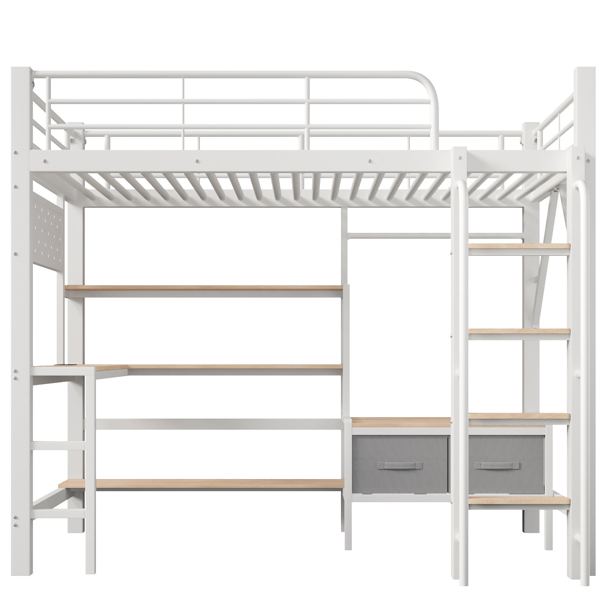 HOCHBETT 90/200 cm mit Eisenrahmen Weiß, Schreibtisch, Lochwand und LED-Licht - Weiß, Metall