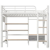 HOCHBETT 90/200 cm mit Eisenrahmen Weiß, Schreibtisch, Lochwand und LED-Licht - Weiß, Metall