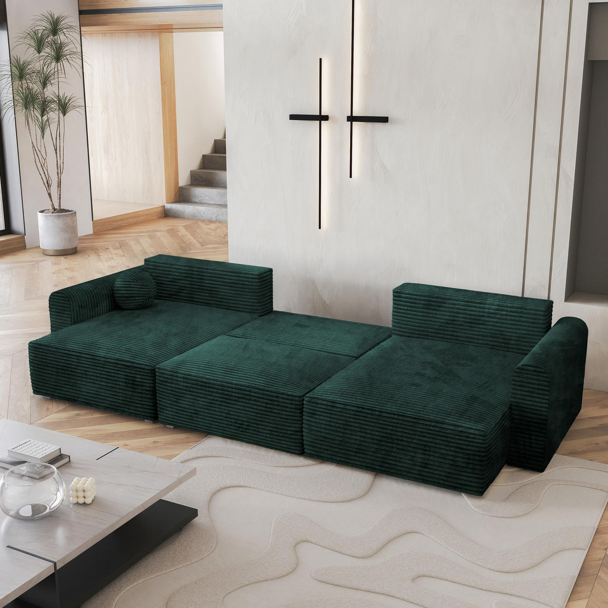 WOHNLANDSCHAFT FENTO Grün Kordstoff mit Schlaffunktion - Grün, Holz (347/90/148cm) - MASSENO