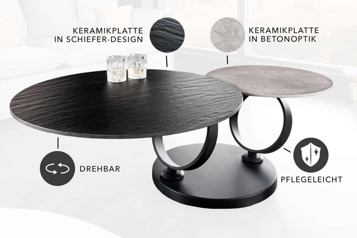 COUCHTISCH DANCING RINGS Beton Schwarz 135 cm - Schwarz/Grau, Naturmaterialien/Keramik (80/134/44cm) - riess-ambiente