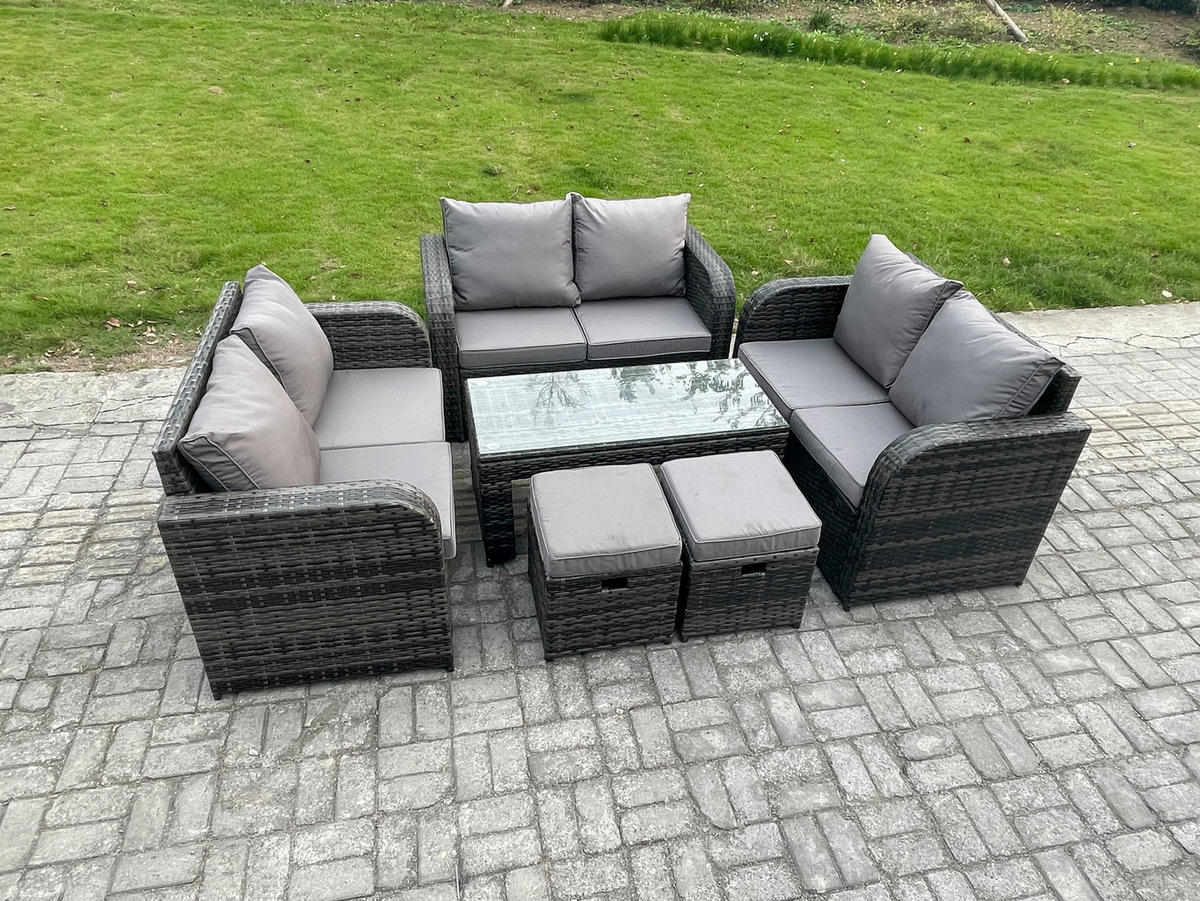 GARTENSOFA SET mit rechteckigem COUCHTISCH Polyrattan 8-Sitzer Dunkelgrau - Dunkelgrau/Grau, Glas/Kunststoff - Fimous