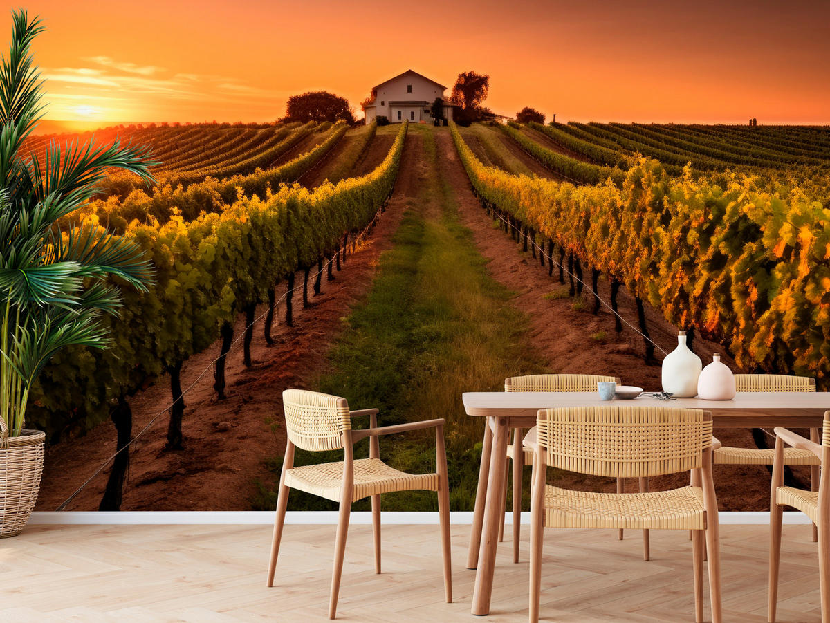 FOTOTAPETE für Esszimmer Weinberg Sonnenuntergang Obstgarten 450x315 - Gelb/Beige, Papier (450/315cm) - Muralo