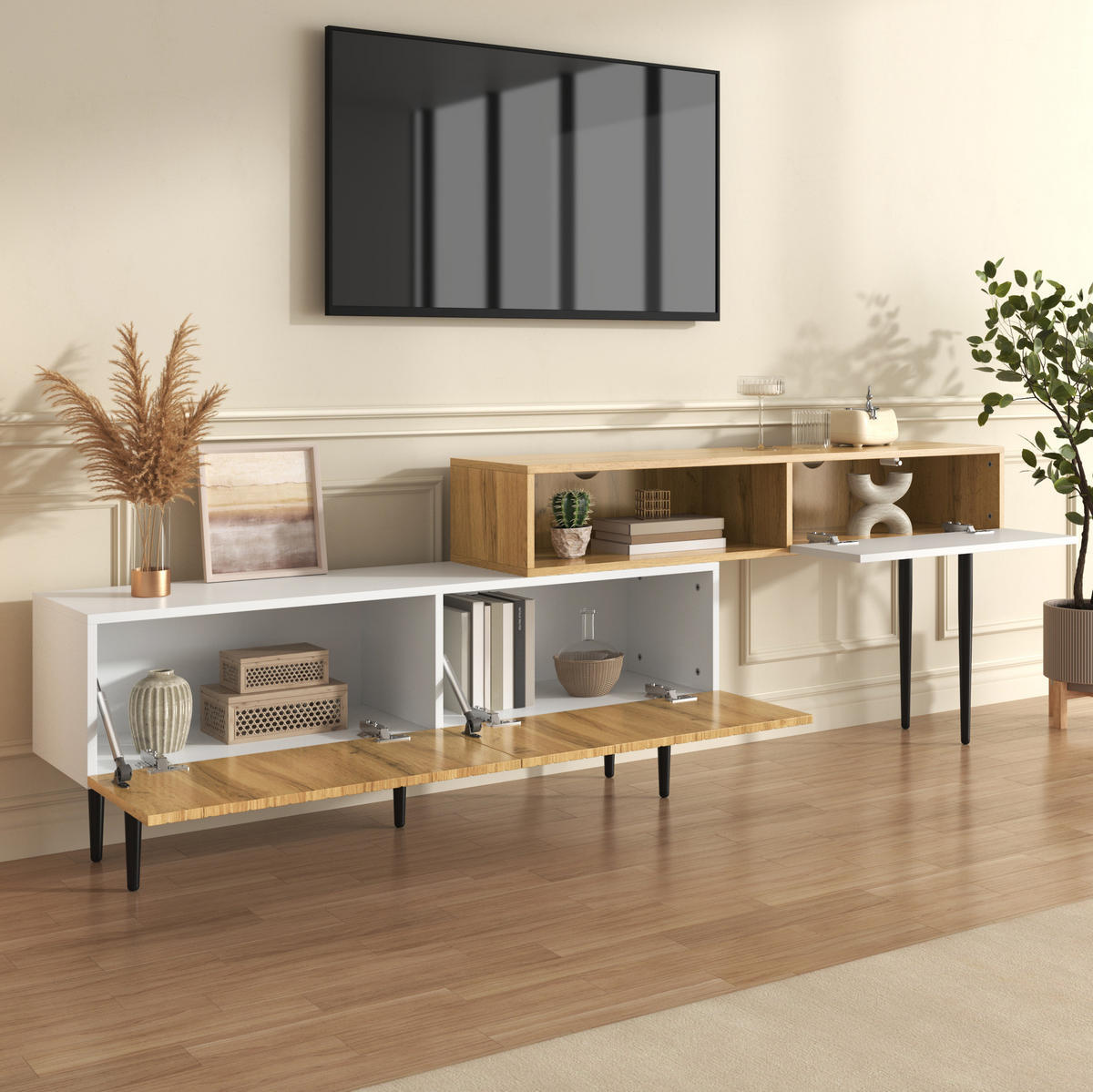 LOWBOARD 120-240/30/63,5 cm aus MDF und Spanplatte mit modularem Design Weiß/Holzfarben - Naturfarben, Holzwerkstoff (220/63.5/30cm) - Modenvie