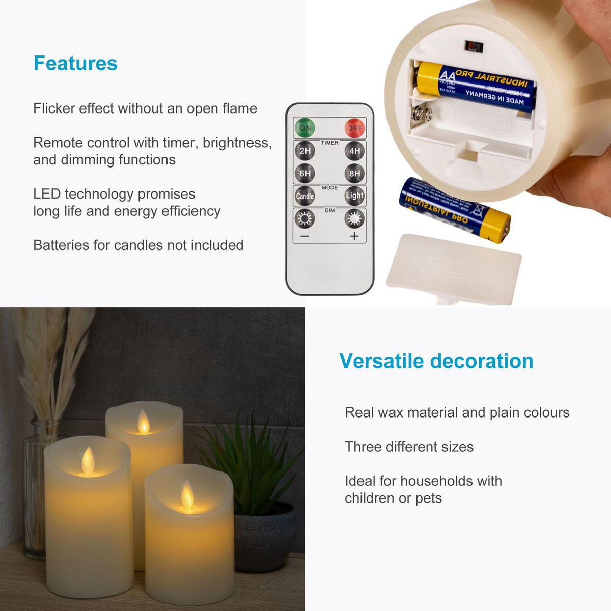 LED KERZEN (3er-Set) - Weiß, Naturmaterialien (8/8/15cm) - Intirilife