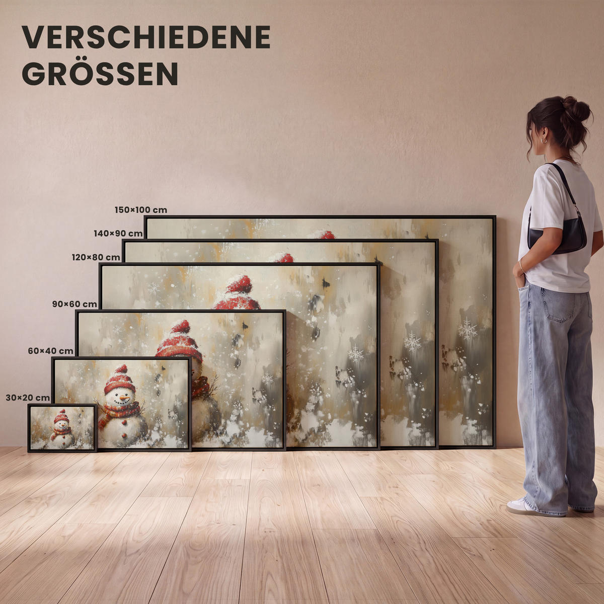 LEINWAND Bilder mit Rahmen - Schneemann - Winter - Schnee - Beige - 140x90 - Weiß, Textil (140/90cm) - MuchoWow